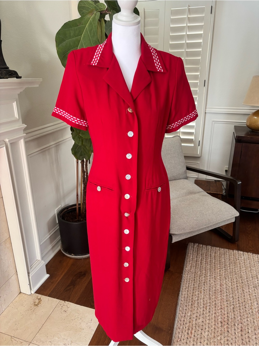 Vintage Red Button-Front Dress with White Contrast Trim